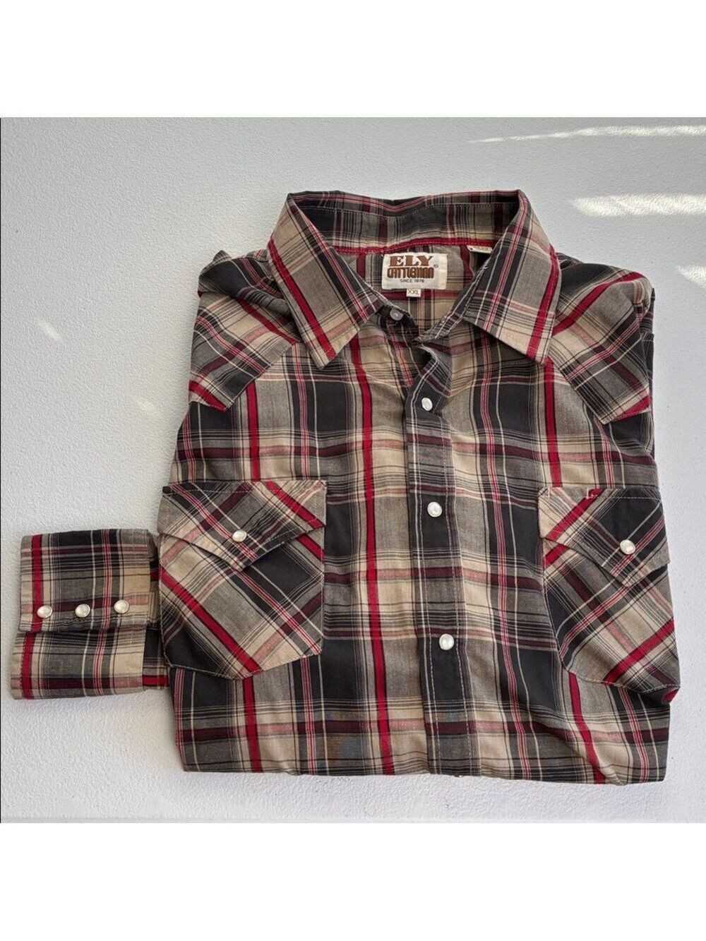 Ely Cattleman Tan/Brown Plaid Shirt Pearl Snaps Western XXL